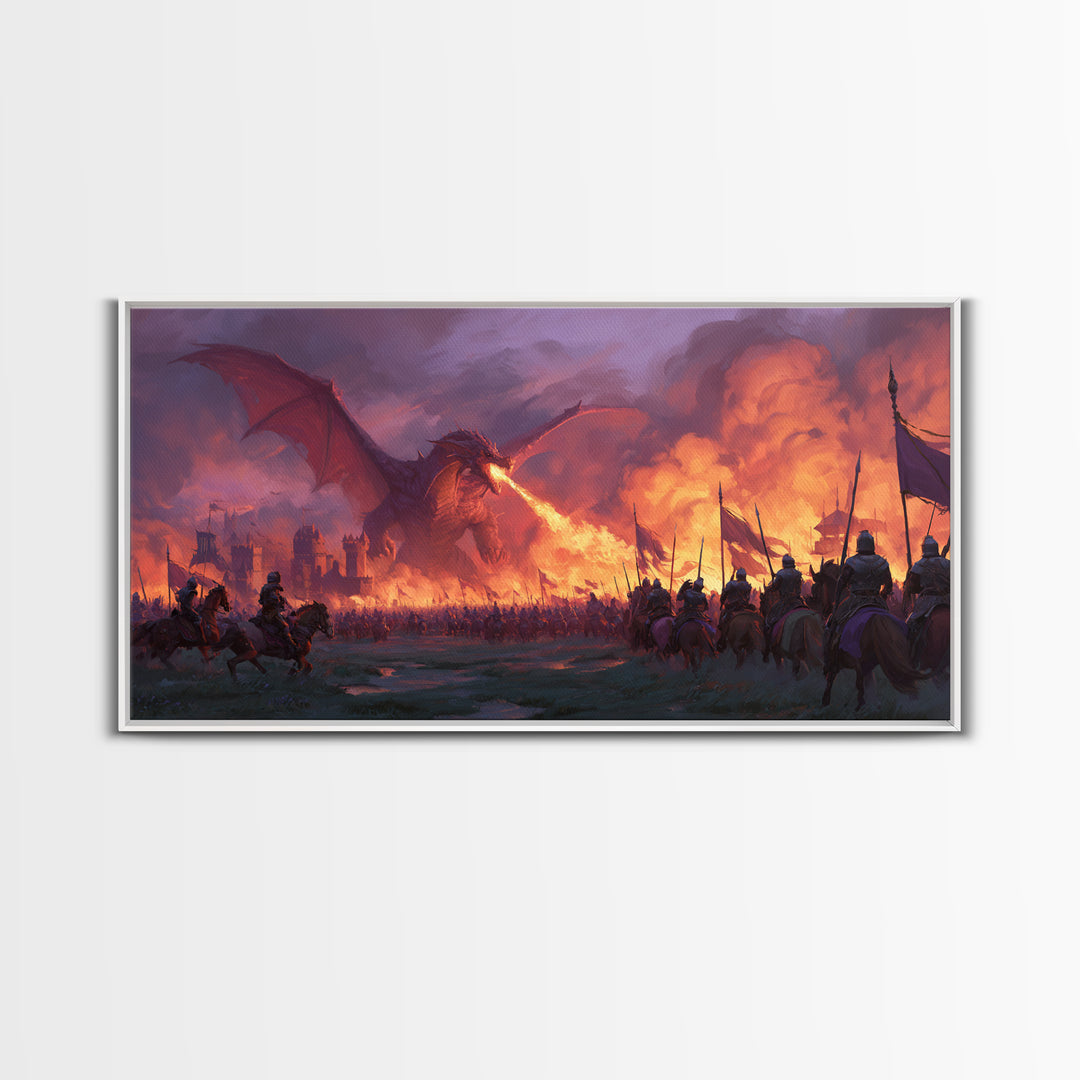 Fire Breathing Dragon Battlefield Canvas Print, Dark Fantasy Wall Art, Medieval Castle Decor, Epic Warrior Battle Scene Artwork