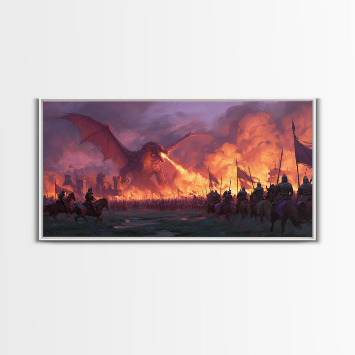 Fire Breathing Dragon Battlefield Canvas Print, Dark Fantasy Wall Art, Medieval Castle Decor, Epic Warrior Battle Scene Artwork