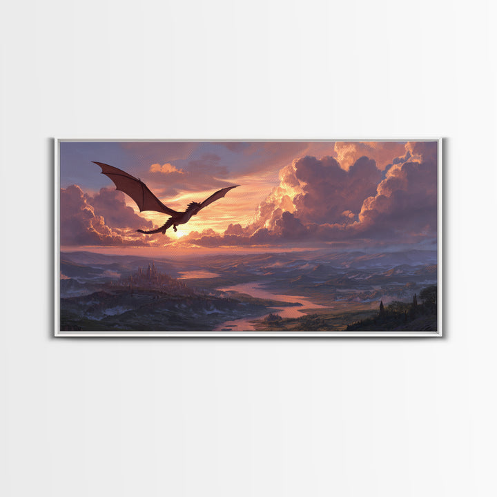 Black Dragon Gliding Above Sunset Kingdom Framed Canvas Print, Fantasy Landscape Wall Art, Castle Lake Decor, Epic Wall Decor