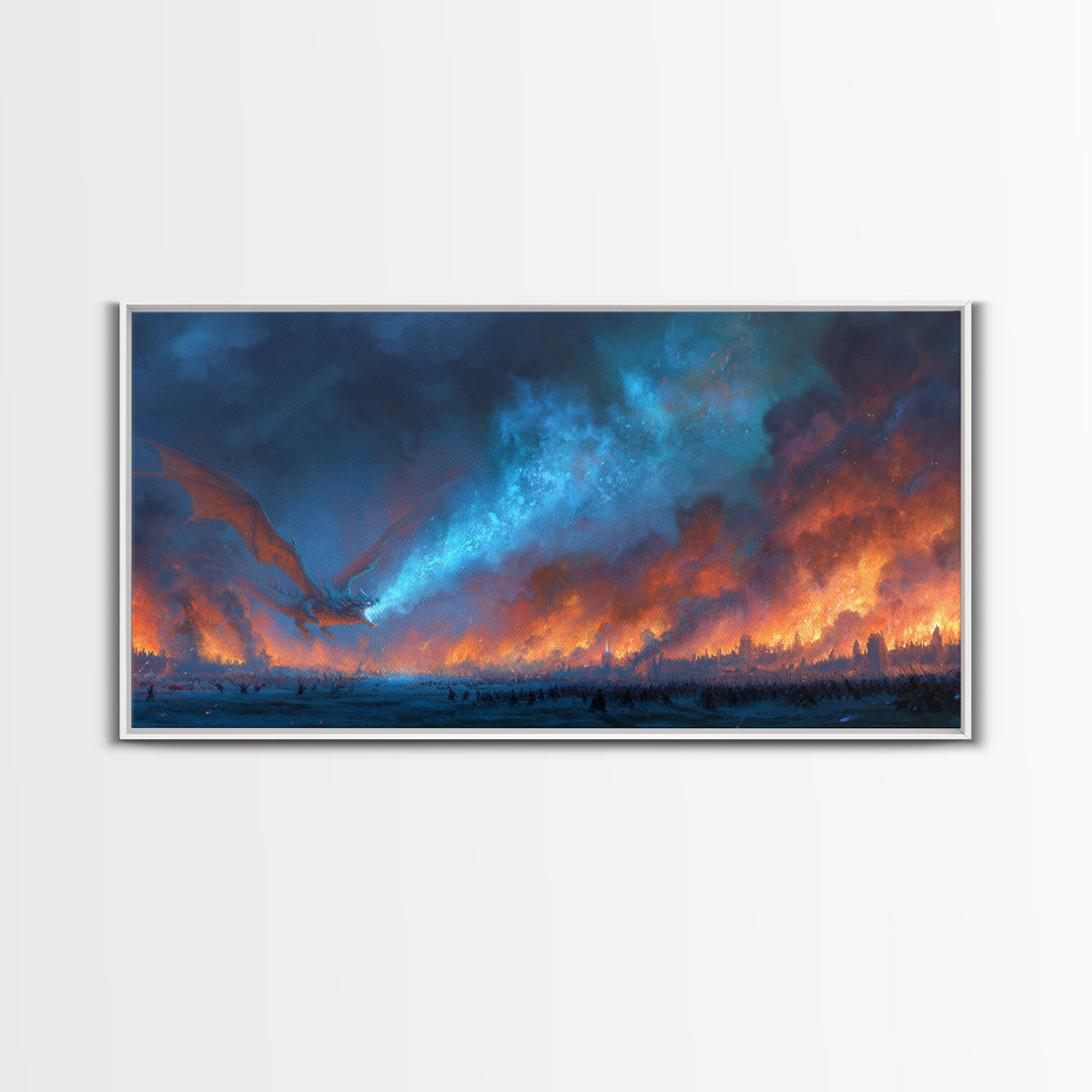 Blue Fire Dragon Over Burning Battlefield Canvas Print, Dark Fantasy Wall Art, Epic War Decor, Large Medieval Battle Artwork