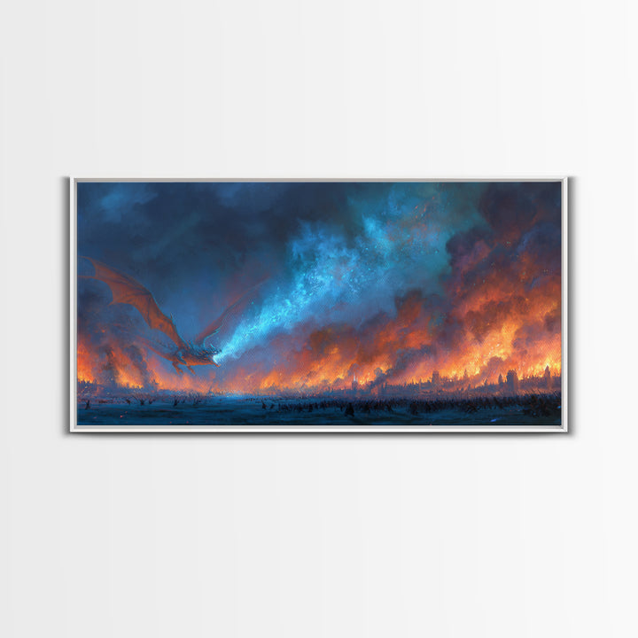 Blue Fire Dragon Over Burning Battlefield Canvas Print, Dark Fantasy Wall Art, Epic War Decor, Large Medieval Battle Artwork