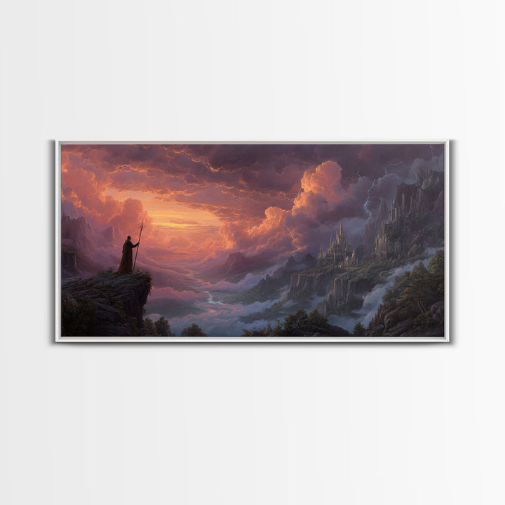 Cloaked Wizard Over Misty Castle Valley Framed Canvas Print, Fantasy Landscape Wall Art, Gothic Mountain Decor, Epic Artwork