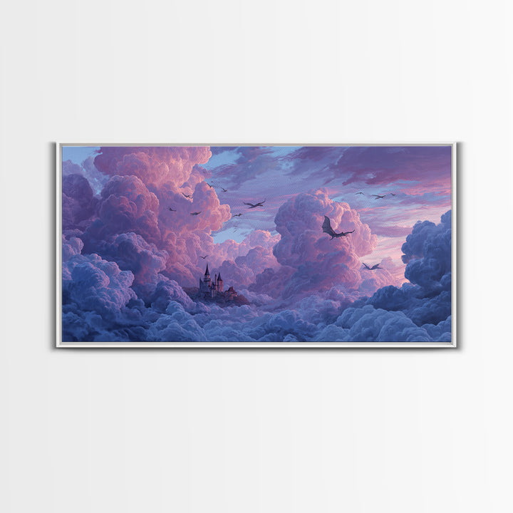 Dragons Soaring Through Lavender Clouds Canvas Print, Whimsical Fantasy Wall Art, Floating Castle Decor, Dreamy Sky Artwork