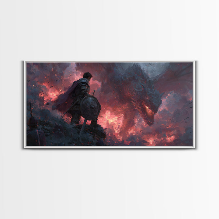 Lone Warrior Facing Shadow Dragon Framed Canvas Print, Dark Fantasy Wall Art, Gothic Battle Decor, Epic Medieval Artwork