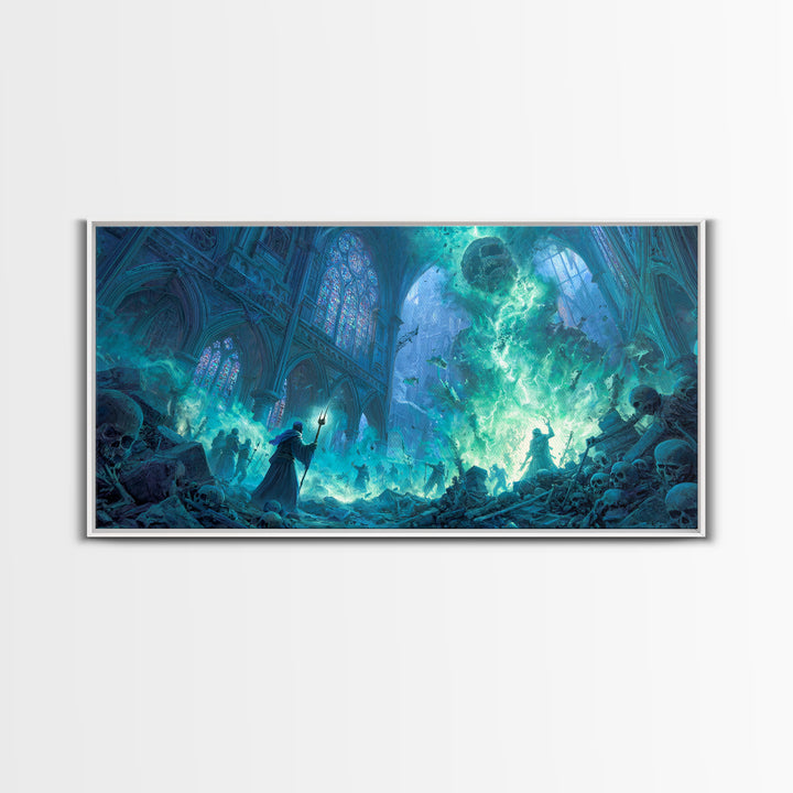 Gothic Cathedral Necromancer With Skulls Wall Art, Dark Fantasy Canvas Print, Occult Decor, Gamer Room, Spooky Gift For Halloween Decor