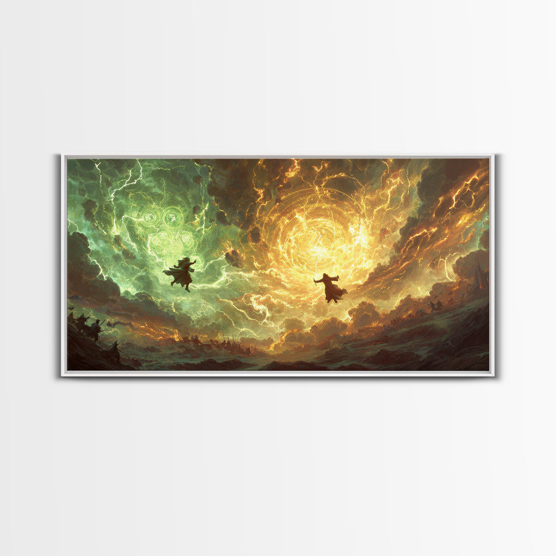 Soaring Wizards And Golden Magic Portal Wall Art, Mystical Fantasy Landscape, Spellcaster Canvas Print, Gaming Room Decor