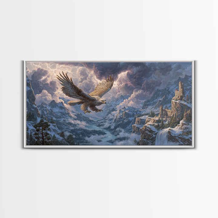Giant Eagle Over Snowy Mountain Castle Framed Canvas Print, Epic Fantasy Landscape Wall Art, Wildlife Decor, Gift For Him