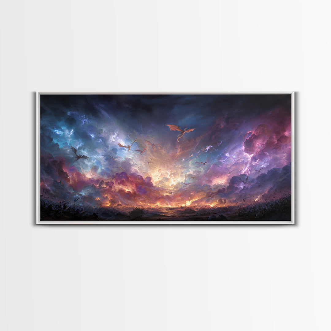 Dragons Flying Through Stormy Cosmic Sky Wall Art, Dark Fantasy Landscape Canvas Print, Surreal Decor, Gamer Room Art, Moody Wall Decor