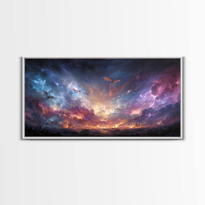 Dragons Flying Through Stormy Cosmic Sky Wall Art, Dark Fantasy Landscape Canvas Print, Surreal Decor, Gamer Room Art, Moody Wall Decor