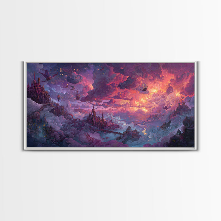 Cloud Kingdom Castles In Pink Twilight Wall Art, Whimsical Fantasy Landscape Canvas Print, Dreamy Nursery Decor, Gift For Kids Room