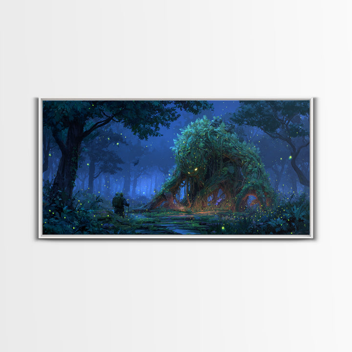 Glowing Forest Spirit Beneath Starry Trees Wall Art, Whimsical Fantasy Canvas Print, Woodland Nursery Decor, Nature Gift