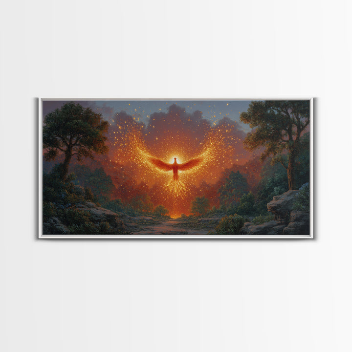 Glowing Phoenix Spirit In Enchanted Forest Wall Art, Fantasy Landscape Canvas, Mystical Home Decor, Magical Gift For Her