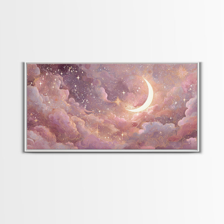 Pastel Crescent Moon And Starry Cloud Wall Art, Celestial Art Print, Whimsigoth Decor, Nursery Room Wall Decor, Gift For Her