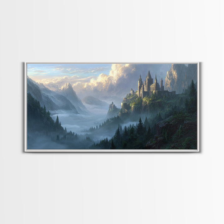 Misty Mountain Castle Above Forest Valley Framed Canvas Print, Fantasy Landscape Wall Art, Large Medieval Home Decor Housewarming Gift