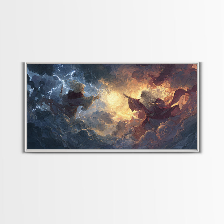Storm Wizards Casting Light In Celestial Clouds Canvas Print, Fantasy Wall Art, Mystical Decor, Dramatic Surreal Art Gift