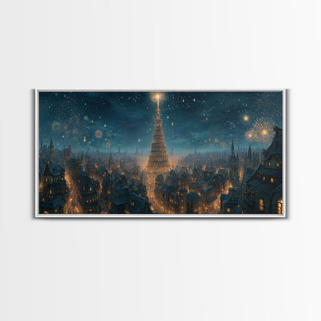 Starry Winter City With Towering Yule Tree Framed Canvas Print, Fantasy Wall Art, Holiday Decor, Magical Christmas Wall Decor Gift