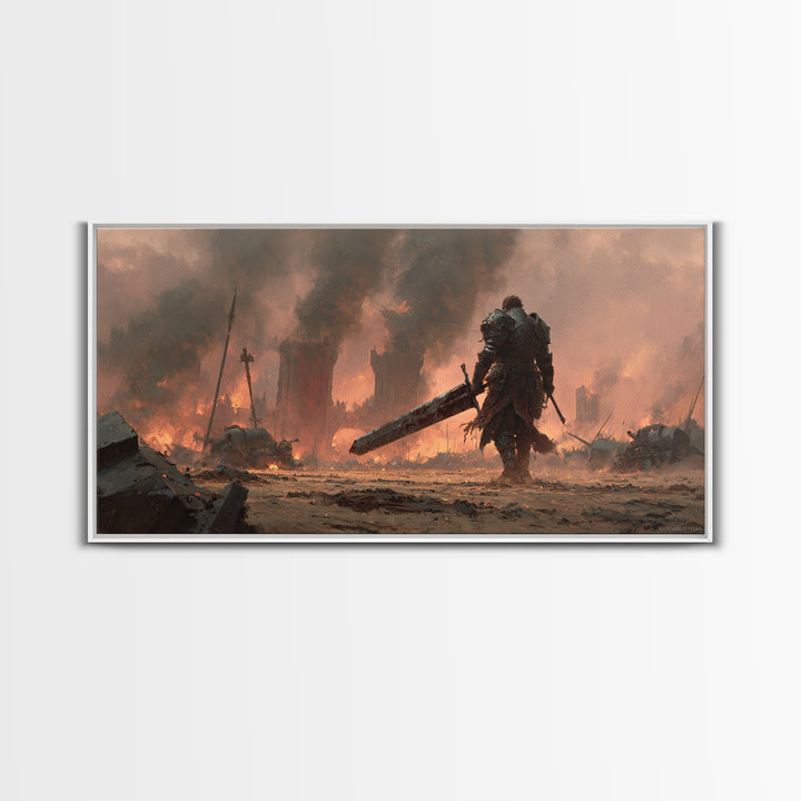 Armored Warrior With Giant Sword In Burning Ruins Canvas Print, Dark Fantasy Wall Art, Medieval Game Room Decor Gift For Him