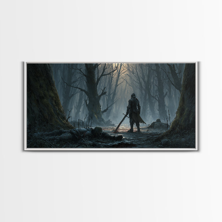 Lone Knight In Haunted Swamp Forest Wall Art, Dark Fantasy Canvas Print, Gothic Decor, Moody Medieval Home Decor Gift For Him