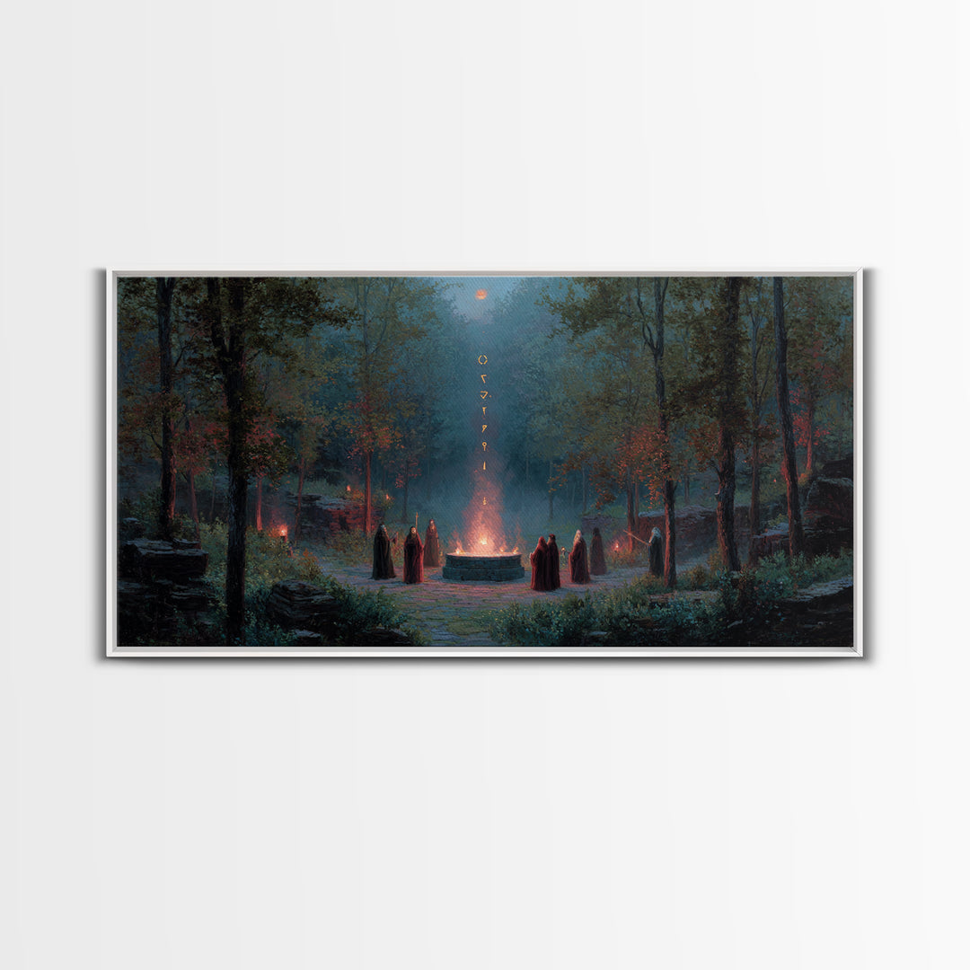 Hooded Druids Around Moonlit Forest Altar Wall Art, Dark Fantasy Canvas Print, Gothic Witchy Decor, Mystical Home Decor Gift