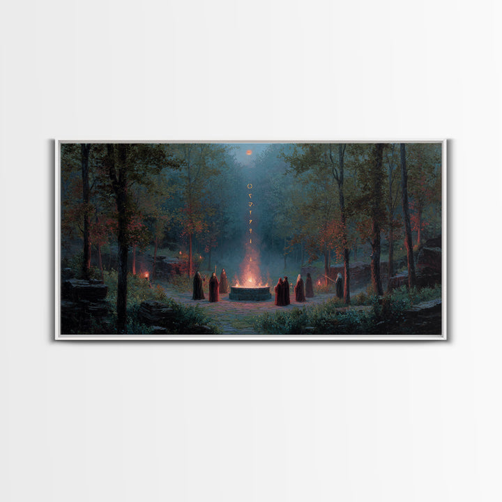 Hooded Druids Around Moonlit Forest Altar Wall Art, Dark Fantasy Canvas Print, Gothic Witchy Decor, Mystical Home Decor Gift