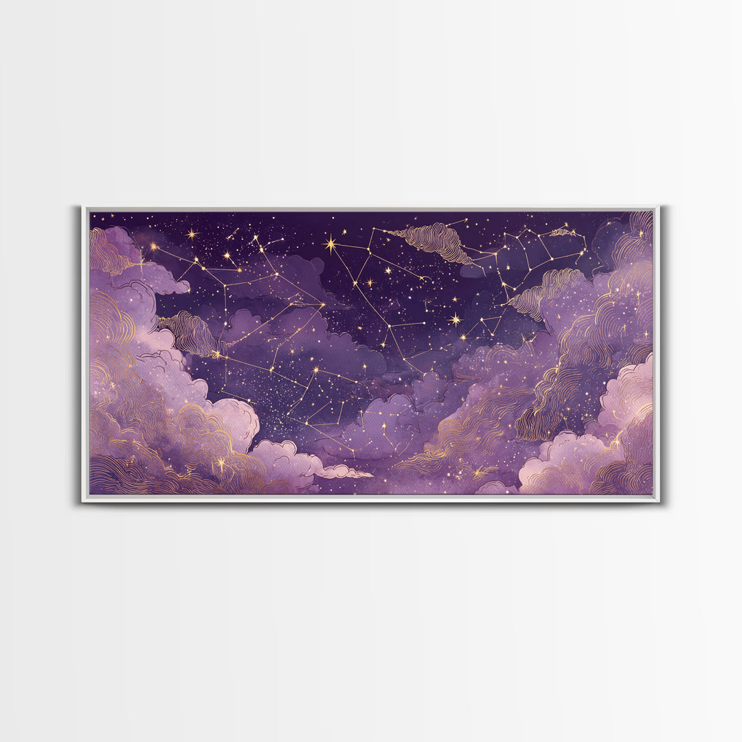Purple Zodiac Constellation Night Sky Wall Art, Celestial Canvas Print, Astrology Wall Decor, Mystical Bedroom Decor, Gift For Her