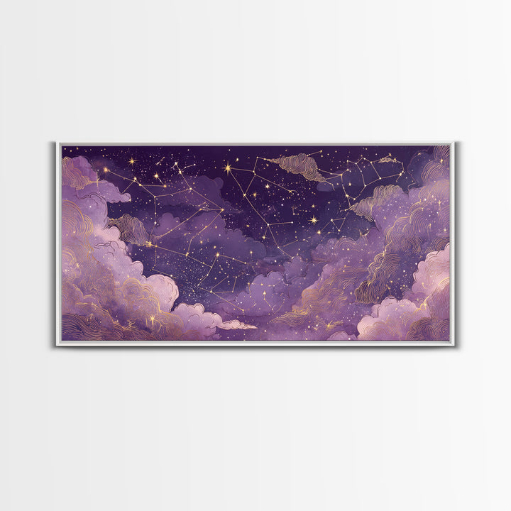 Purple Zodiac Constellation Night Sky Wall Art, Celestial Canvas Print, Astrology Wall Decor, Mystical Bedroom Decor, Gift For Her