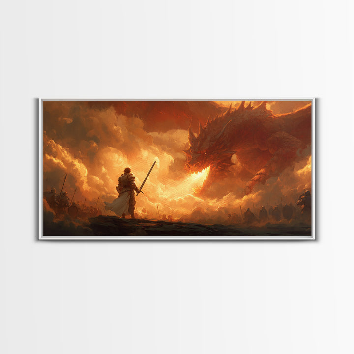 Lone Swordsman Facing Fire Dragon Wall Art, Dark Fantasy Canvas Print For Medieval Decor, Gamer Room, And Unique Gift For Him