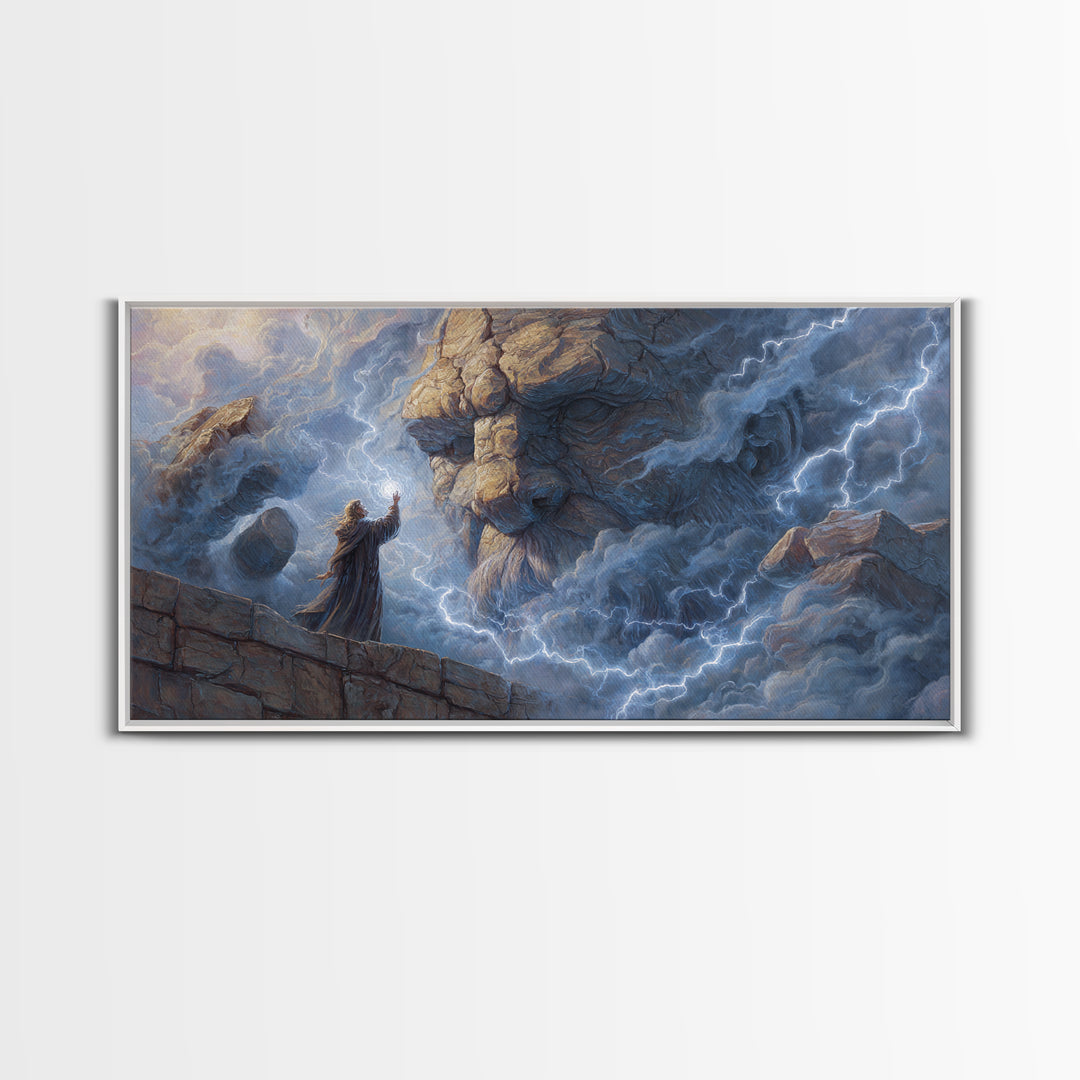 Storm Wizard Summoning Stone Giant Wall Art, Lightning Fantasy Canvas Print For Dark Academia Decor And Dnd Gamer Gift Idea
