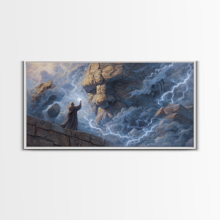 Storm Wizard Summoning Stone Giant Wall Art, Lightning Fantasy Canvas Print For Dark Academia Decor And Dnd Gamer Gift Idea
