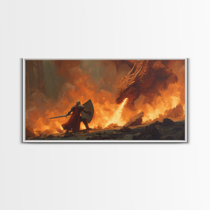 Knight With Shield Against Fire Dragon Wall Art, Epic Fantasy Canvas Print For Medieval Decor And Masculine Office Art Gift