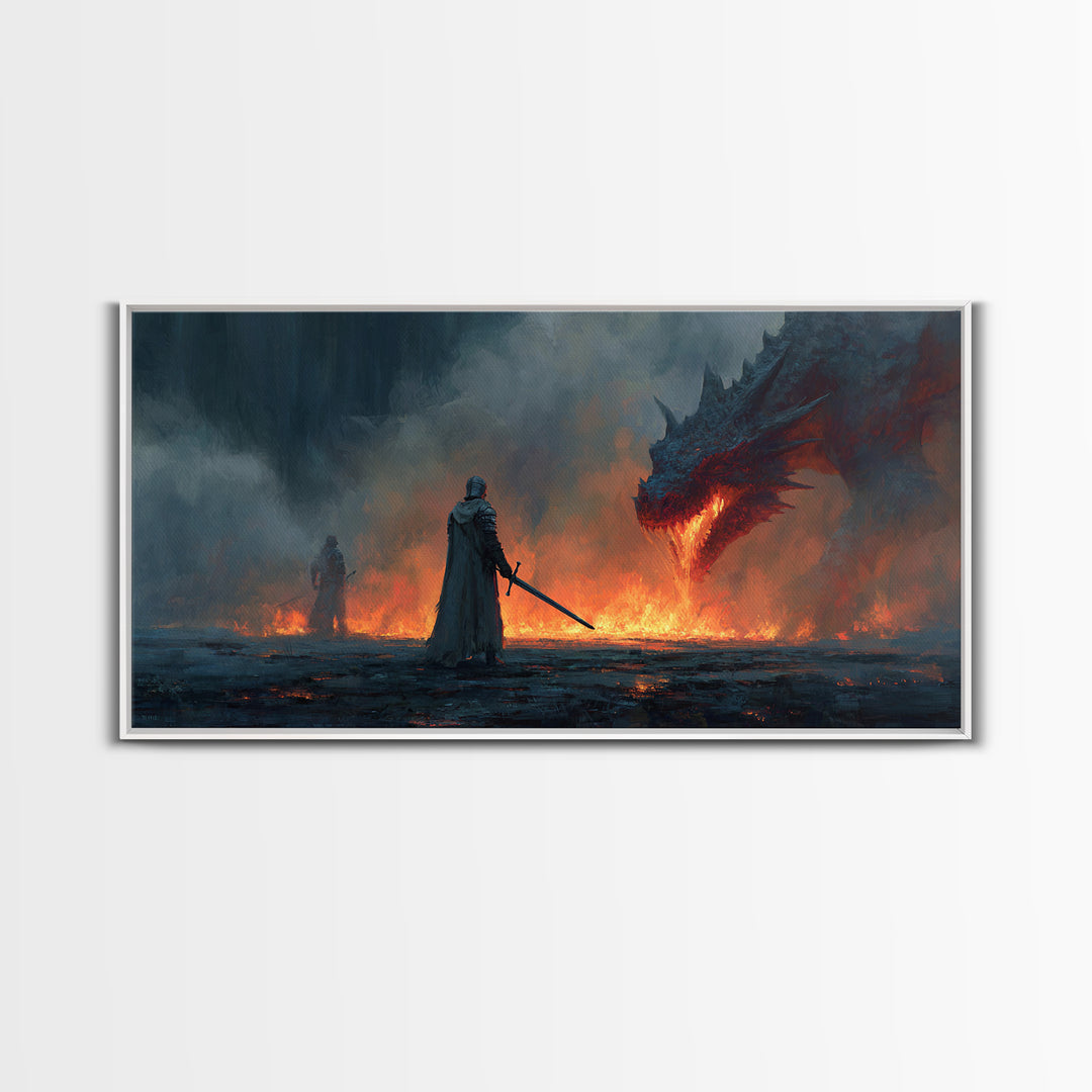 Cloaked Warrior Facing Blue Dragon Canvas Print, Moody Dark Fantasy Wall Art For Gamer Room Decor And Gothic Gift For Him