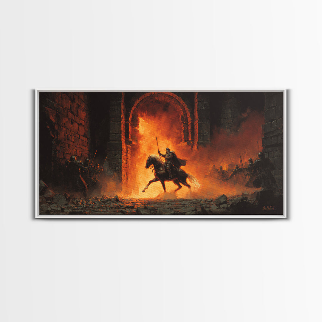 Mounted Knight Riding Through Fiery Gate Wall Art, Medieval Fantasy Canvas Print For Dark Castle Decor And Gamer Gift Idea