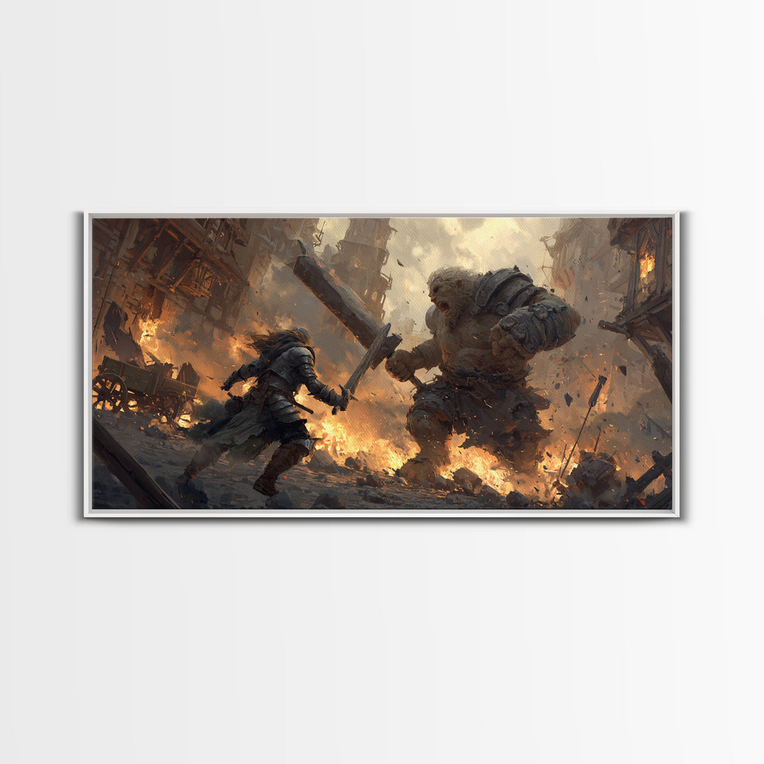 Armored Warrior Battling Giant Troll Canvas Print, Epic Fantasy Wall Art For Gaming Room Decor And Medieval Gift For Him