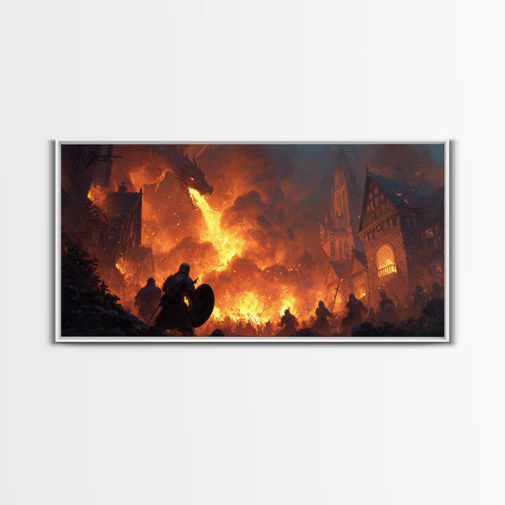Dragon Burning Medieval Village Wall Art, Dark Fantasy Canvas Print For Gothic Castle Decor, Gamer Room, And Gift For Him