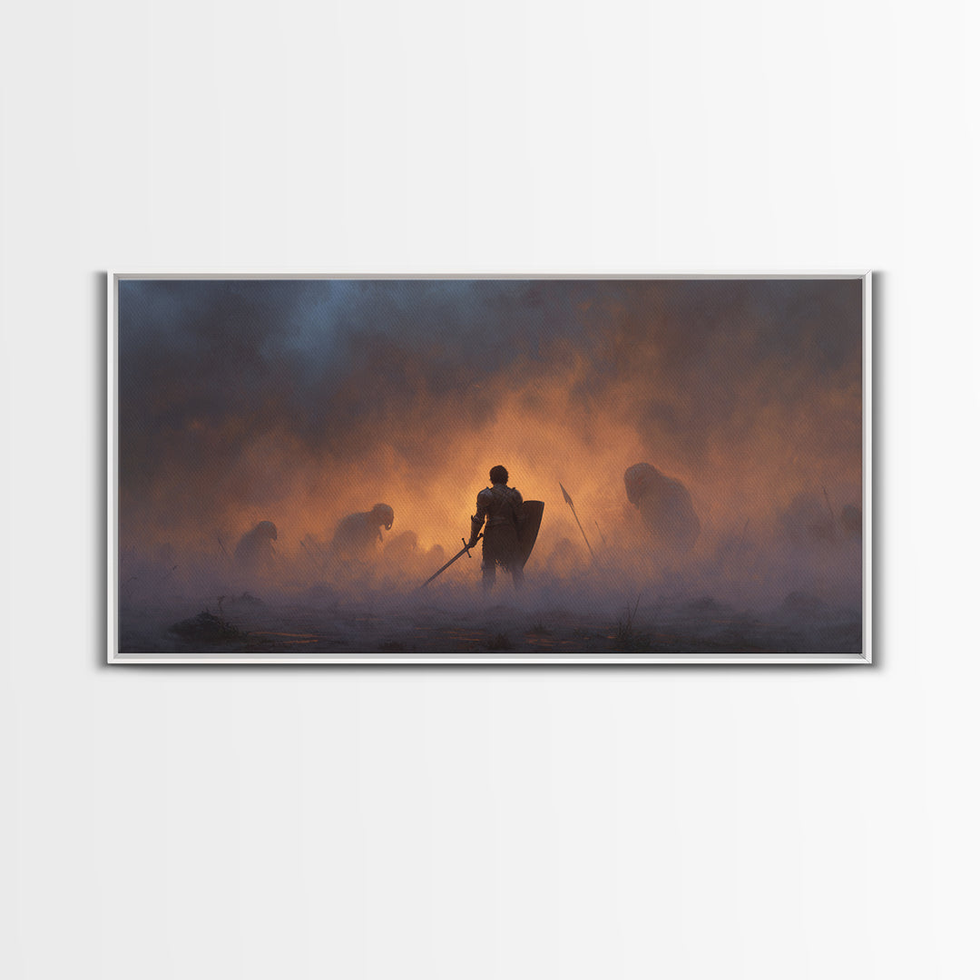 Lone Knight In Smoky Ember Battlefield Wall Art, Dark Fantasy Art, Medieval Warrior, Gothic Decor, Dramatic Canvas Print