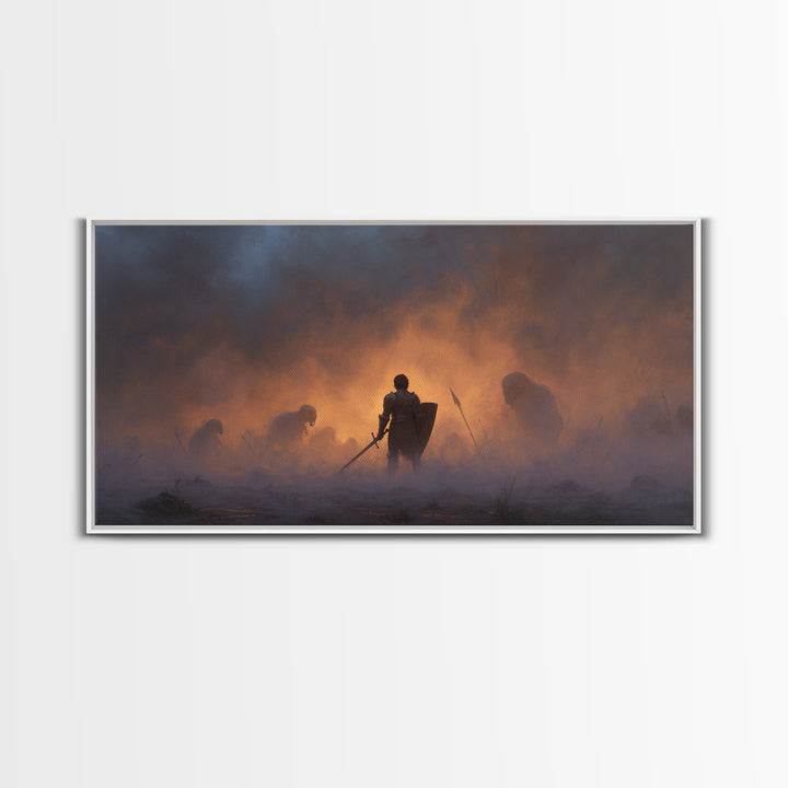 Lone Knight In Smoky Ember Battlefield Wall Art, Dark Fantasy Art, Medieval Warrior, Gothic Decor, Dramatic Canvas Print