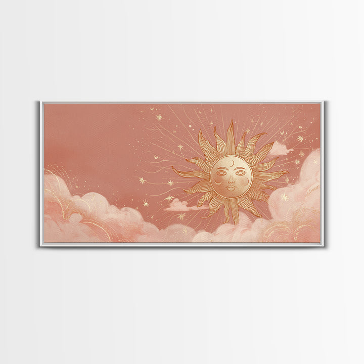 Peach Boho Sun Face In Cloudy Sky Wall Art, Celestial Art Print, Nursery Wall Decor, Whimsical Kids Room Decor Gift For Her