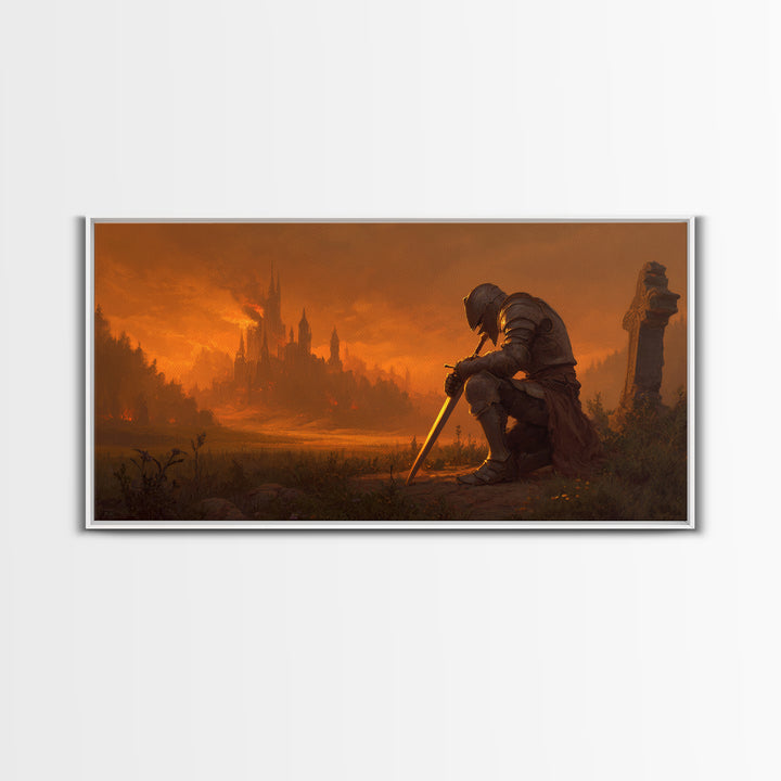 Kneeling Knight Before Burning Castle Canvas Print, Dark Fantasy Art, Medieval Landscape, Gothic Wall Decor, Office Decor