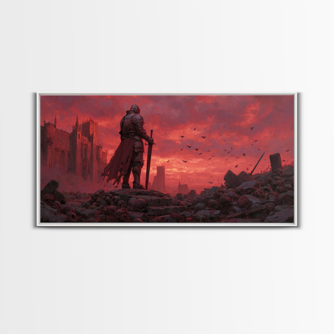Knight Standing Among Skulls At Red Ruins Wall Art, Dark Fantasy Art, Gothic Decor, Medieval Warrior, Dramatic Canvas Print