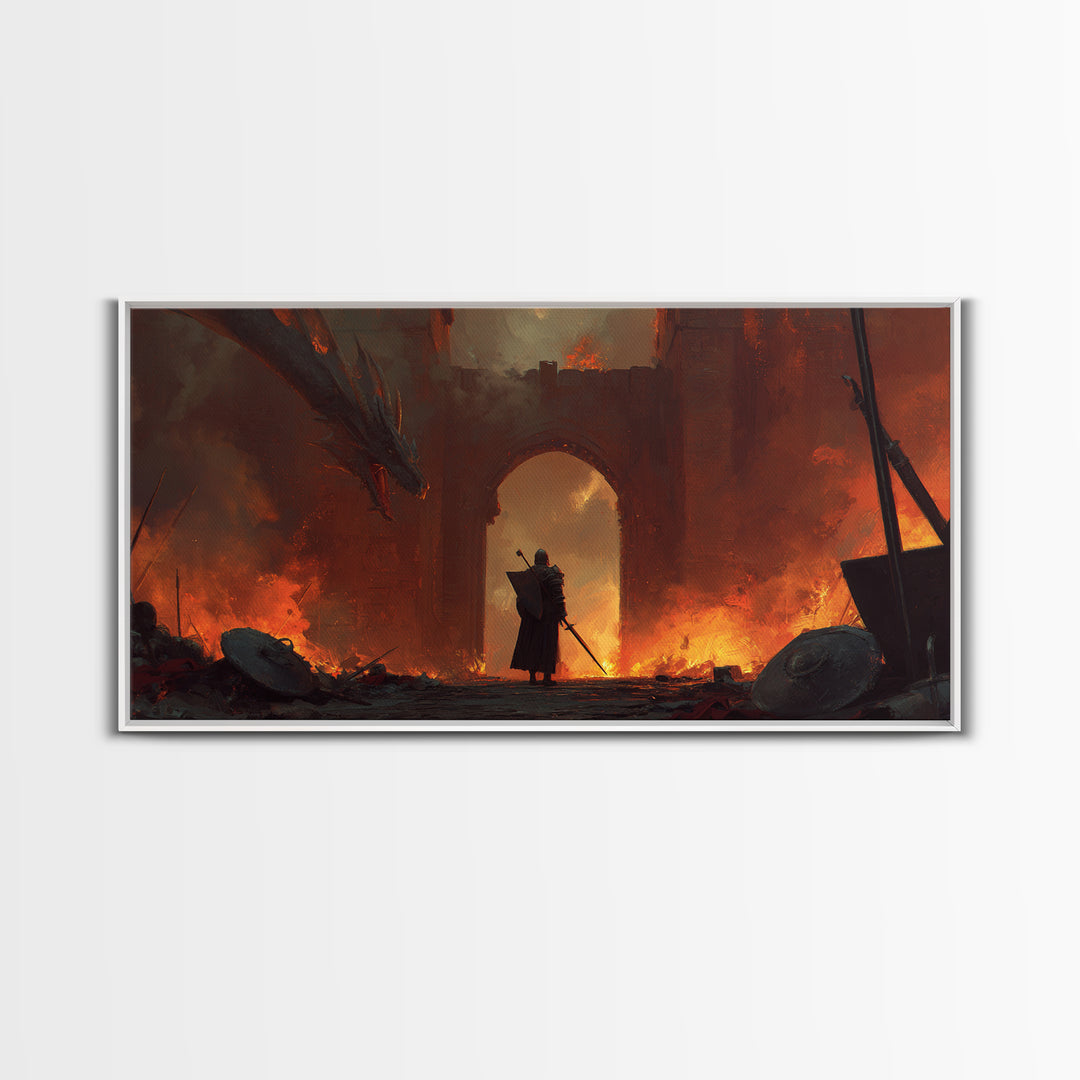 Knight Facing Dragon At Burning Gate Framed Canvas Print, Dark Fantasy Art, Medieval Castle, Gothic Wall Decor, Epic Gift
