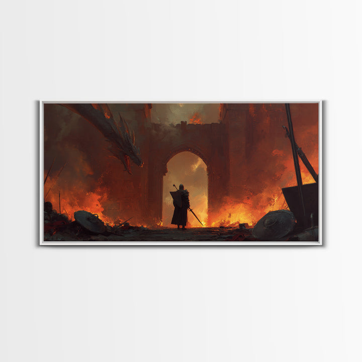 Knight Facing Dragon At Burning Gate Framed Canvas Print, Dark Fantasy Art, Medieval Castle, Gothic Wall Decor, Epic Gift