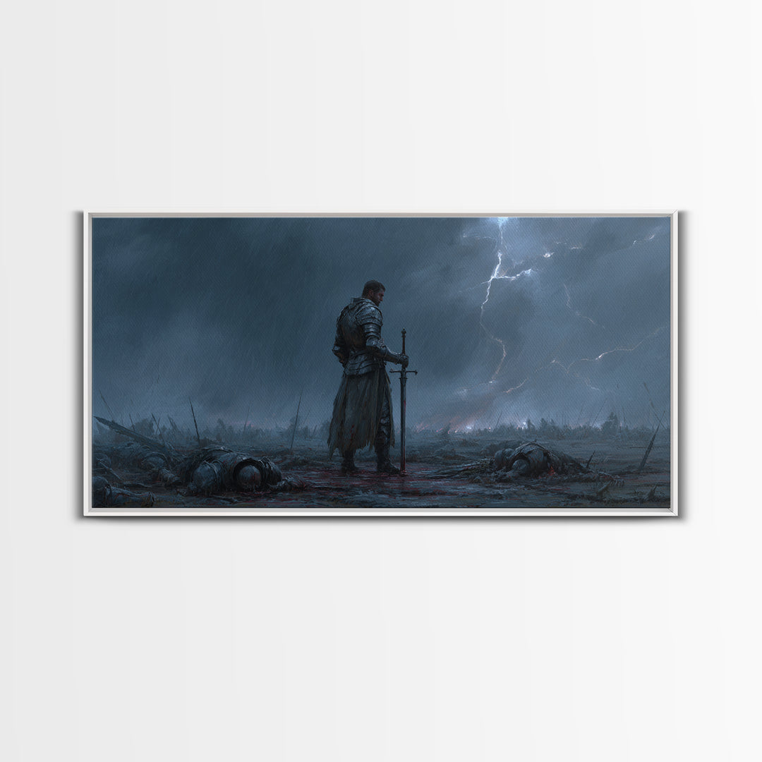 Storm Worn Knight In Rainy Battlefield Wall Art, Dark Fantasy Landscape, Medieval Warrior, Moody Gothic Decor, Canvas Print