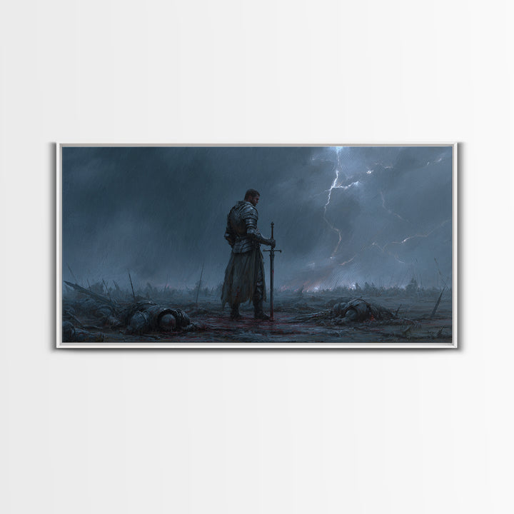 Storm Worn Knight In Rainy Battlefield Wall Art, Dark Fantasy Landscape, Medieval Warrior, Moody Gothic Decor, Canvas Print