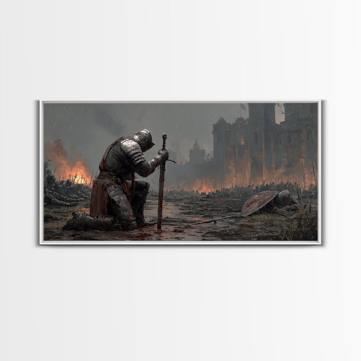 Kneeling Knight In Rainy Battlefield Framed Canvas Print, Dark Fantasy Wall Art, Medieval Castle Office Decor Gift For Him