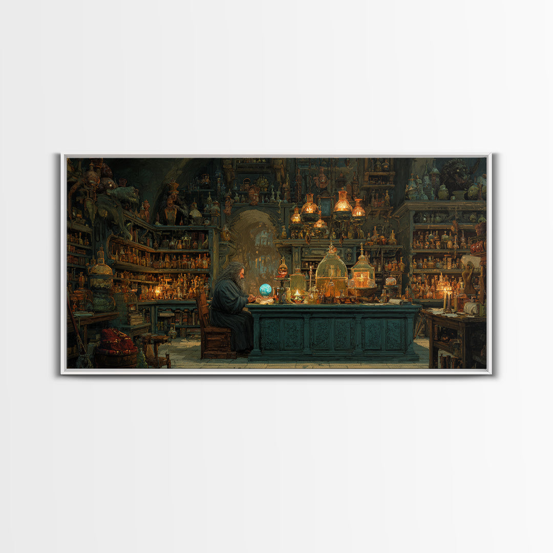 Wizard Alchemy Shop Canvas Print, Dark Academia Wall Art, Fantasy Library Decor, Gothic Apothecary Art Print For Living Room Home Decor