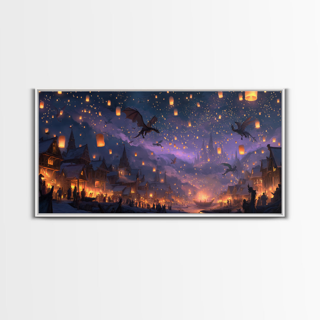 Dragon Lantern Festival Village Canvas Print, Fantasy Wall Art, Whimsical Night Sky Decor, Magical Kids Room Decor Gift Idea