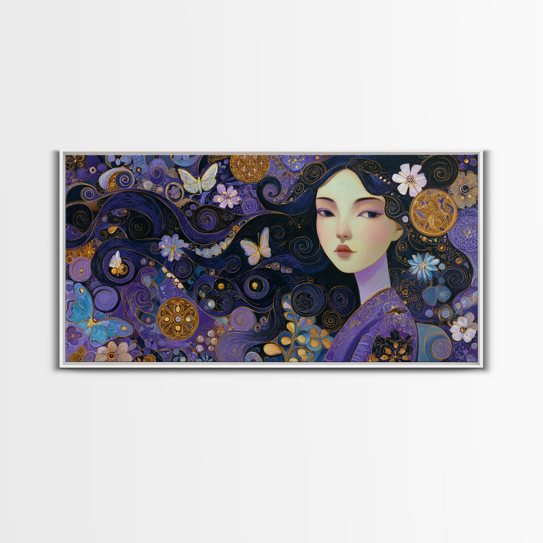Purple Art Nouveau Woman Wall Art, Feminine Portrait Canvas Print, Butterfly Floral Decor, Gold Boho Gallery Wall Art Print
