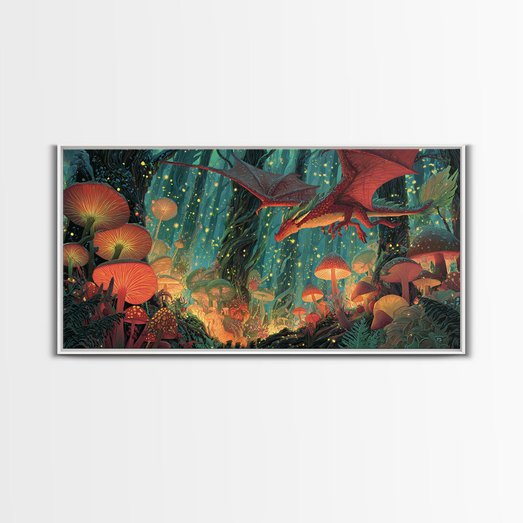 Red Dragon Over Glowing Mushroom Forest Wall Art, Whimsical Fantasy Canvas Print, Enchanted Woodland Kids Room Decor Gift
