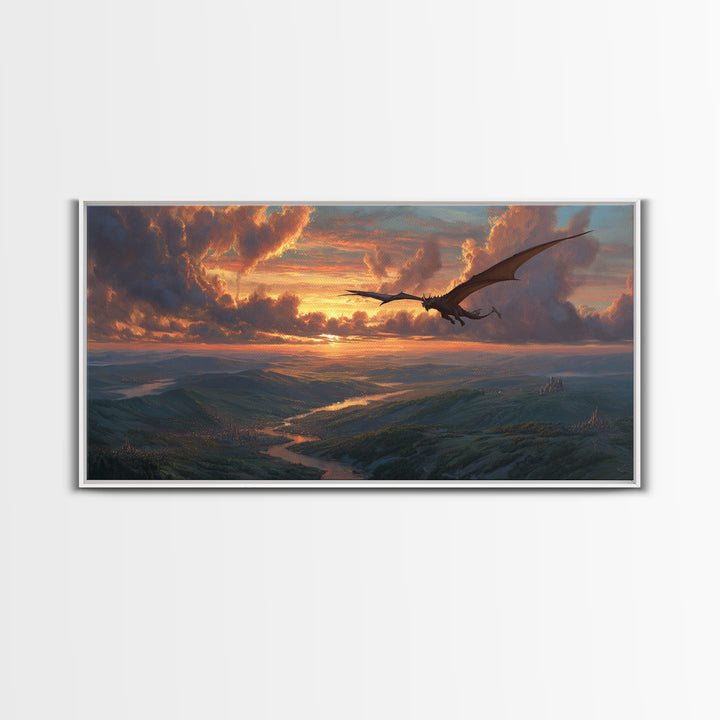 Dragon Flying Over Sunset Valley Wall Art, Epic Fantasy Canvas Print, Mountain Landscape Decor, Mythical Adventure Art Print