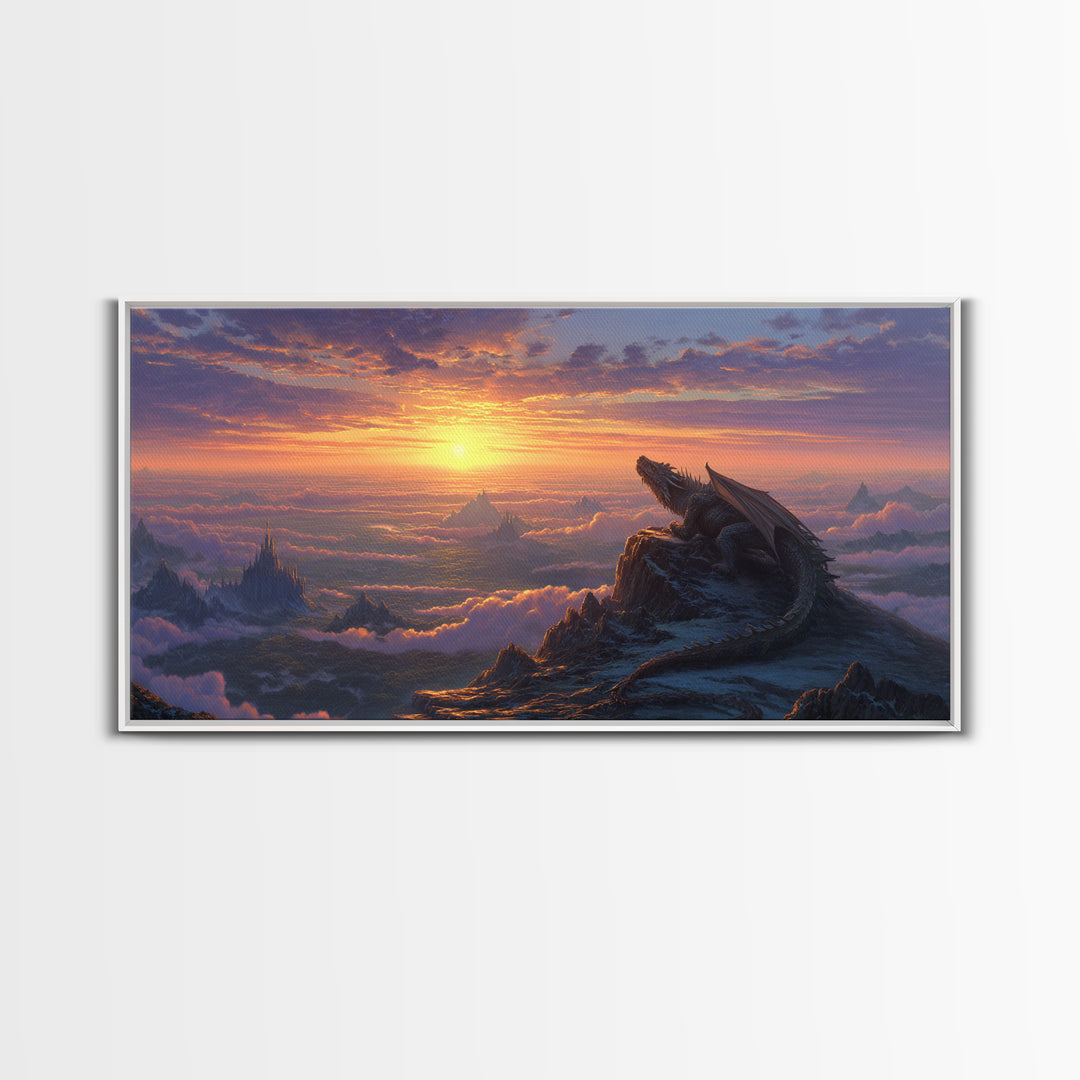 Sunset Dragon Mountain Kingdom Wall Art, Epic Fantasy Landscape Canvas, Medieval Castle Decor, Large Fantasy Art Print Gift
